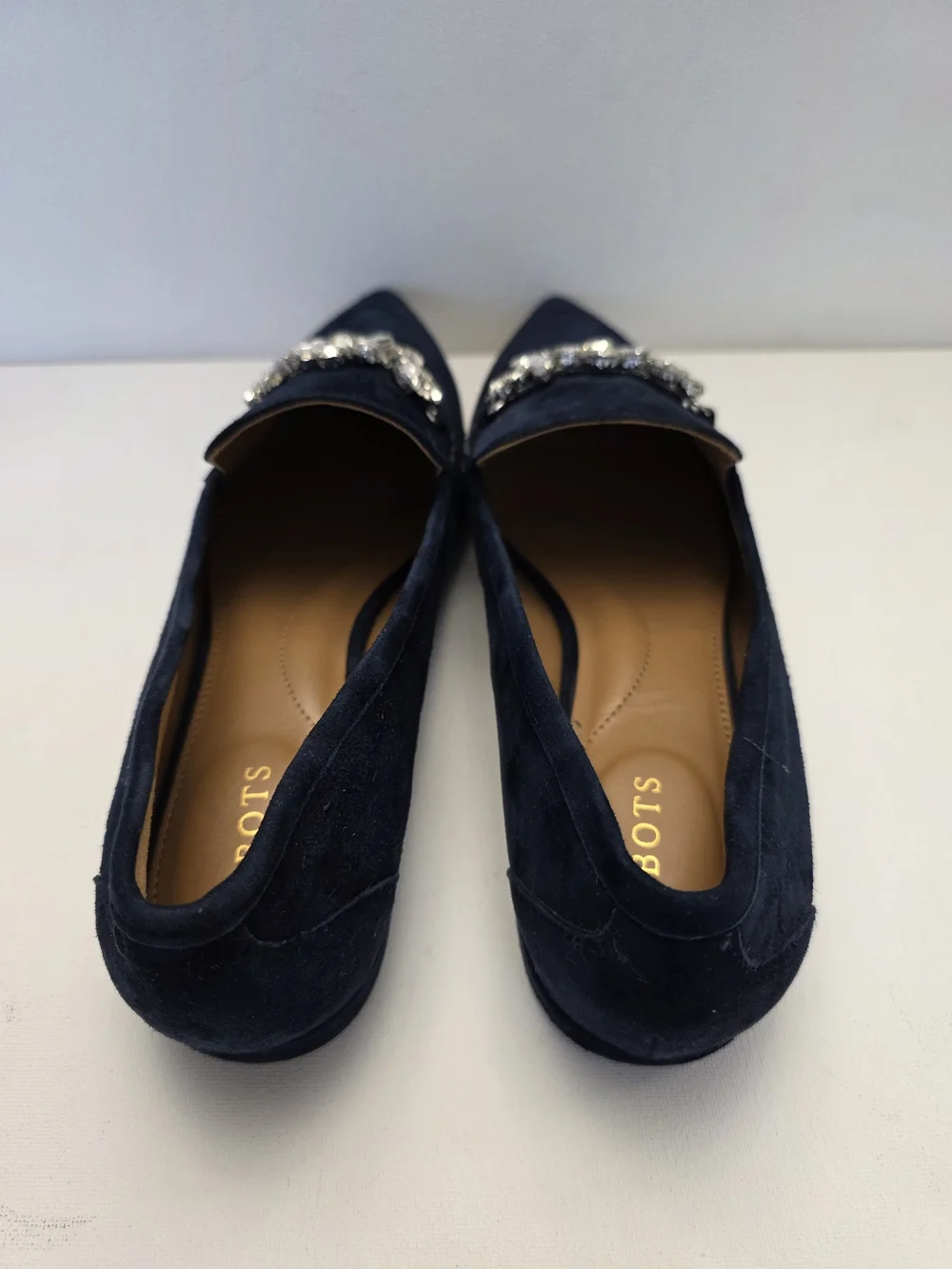 Talbots Navy Suede Pointed Toe Loafer with Crystal Brooch